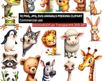 72 Animals Peeking Clipart, Cute Animal PNG JPG SVG, Baby Safari Woodland Zoo Animals, Peeking Characters, 5000x5000px 300DPI