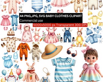 Babykleding clipart, baby outfit png, babyjurk clipart, schattige onesie png, baby shower clipart jpg, pasgeboren kleding SVG, kinderkamer kunst png