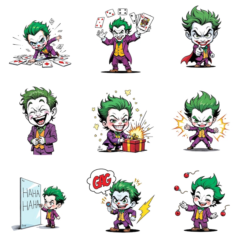 nine distinct illustrations of a joker character, each depicting a different action or expression.