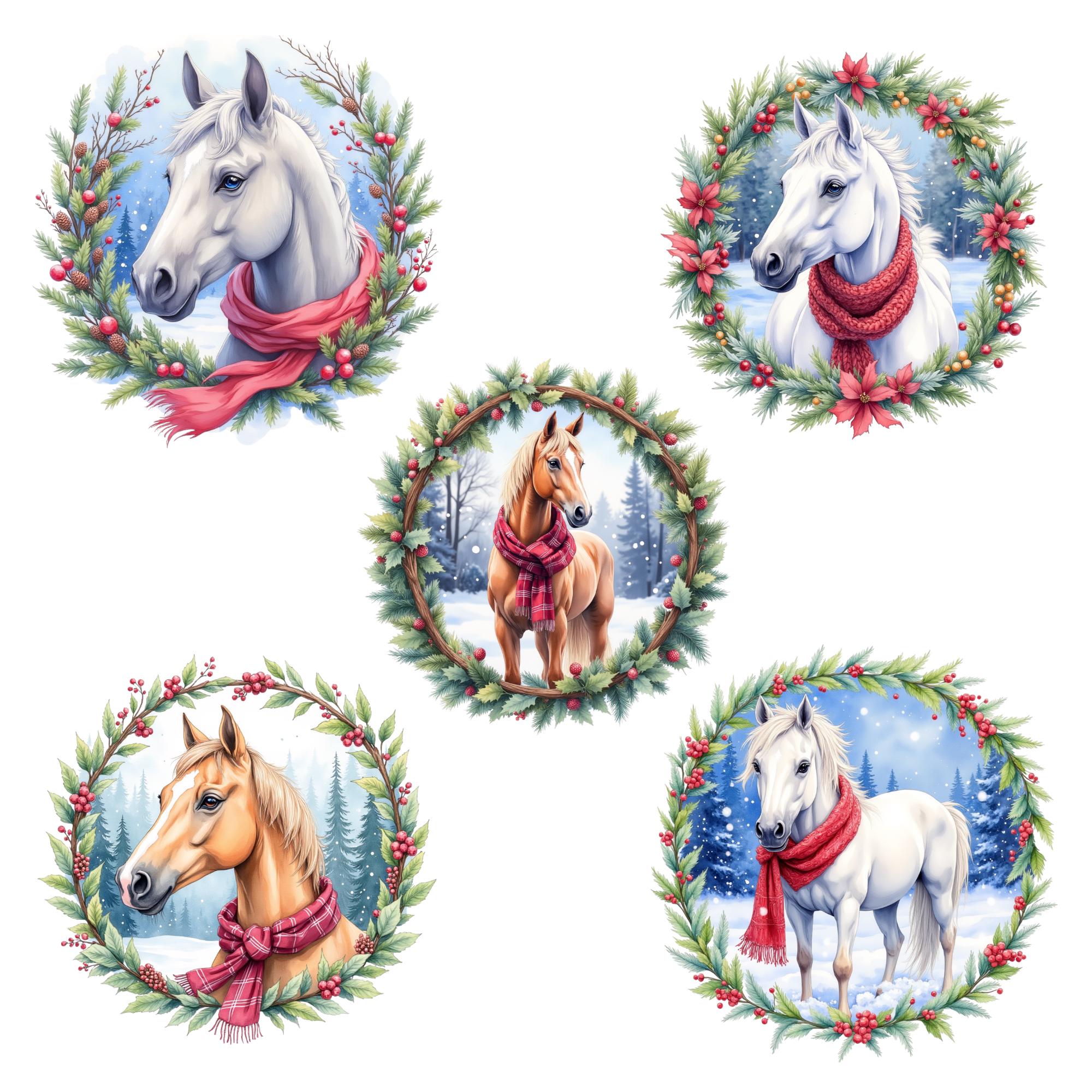 Christmas Horse Clipart Bundle, 40 PNG Watercolor Horse Wreaths, Winter ...