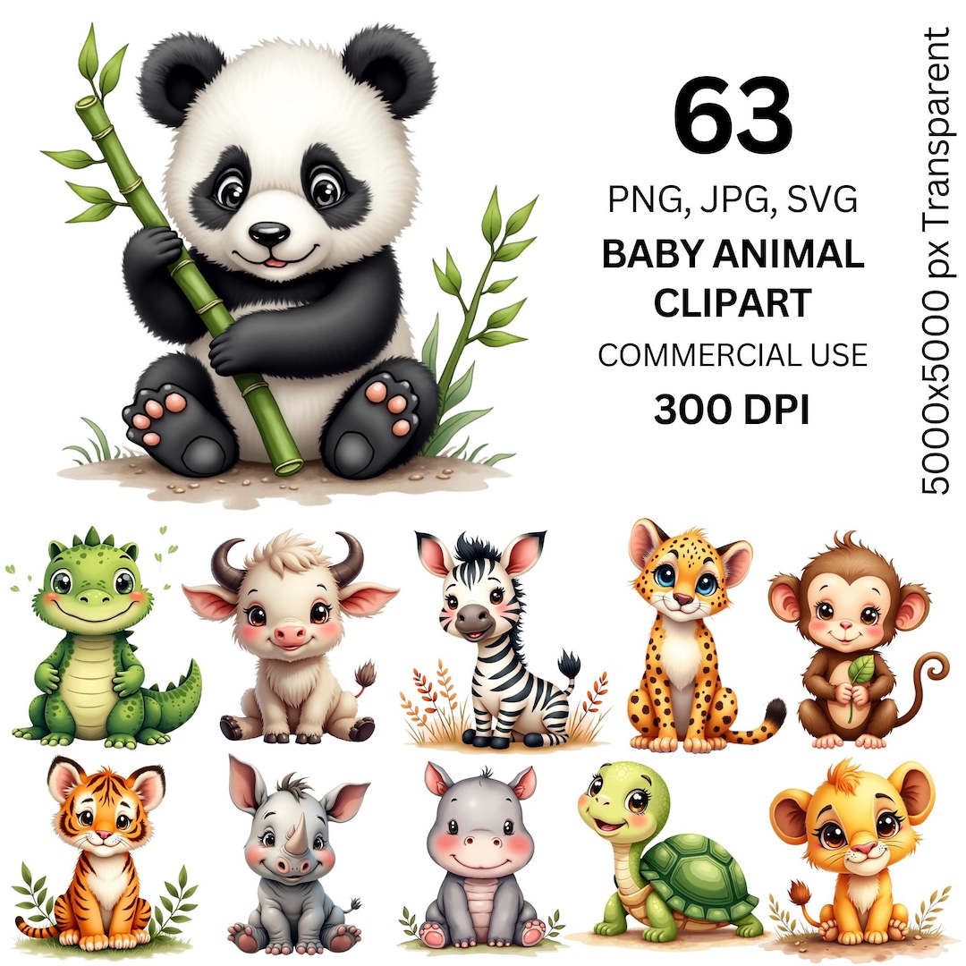 Baby Animal Clipart Bundle, 63 Cute Animals PNG JPG SVG, Kawaii Baby ...