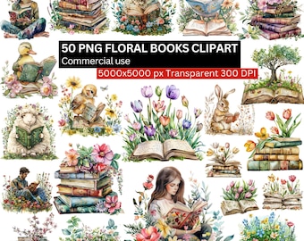 50 Floral Books Clipart PNG, Vintage Watercolor Reading Animals & Flowers, Book Lover Sublimation, 5000px 300 DPI Transparent