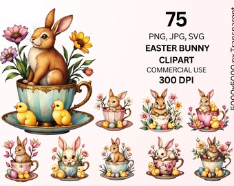 Easter Bunny Clipart Bundle, Cute Bunny PNG SVG JPG, Spring Easter Rabbit Graphics, Sublimation Design, Commercial Use