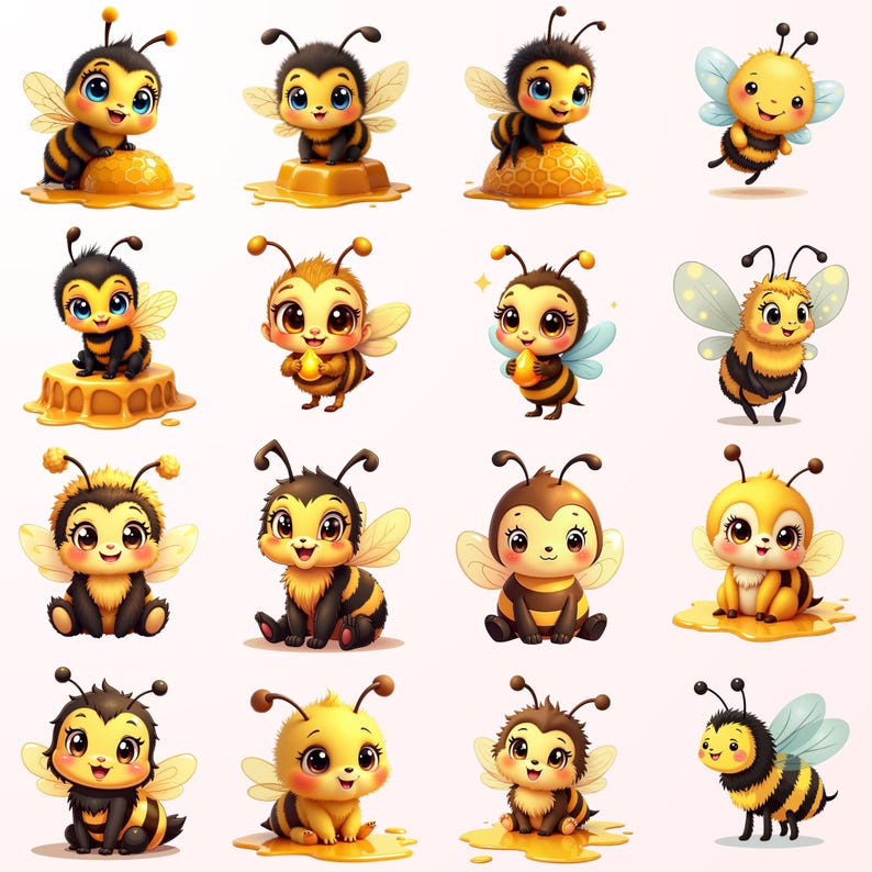 Cute Baby Bee Clipart Bundle, Sweet Baby Bees PNG SVG JPG, Kawaii Honey ...
