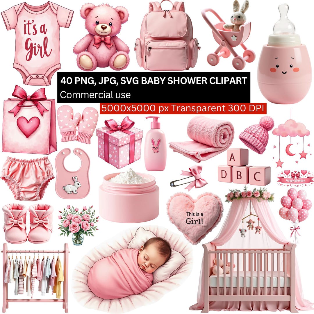 Baby Shower Clipart It’s a Girl, Pink Baby Clipart Bundle, Newborn Girl ...