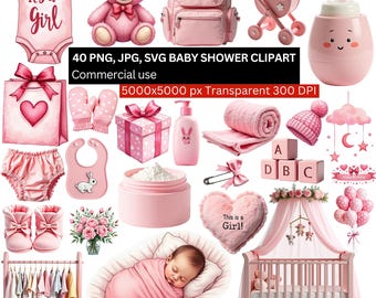 Baby Shower Clipart It’s a Girl, Pink Baby Clipart Bundle, Newborn Girl PNG, Baby Shower Decorations, Cute Baby Elements, Nursery Clipart
