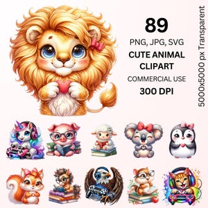 a collection of cute animal clip art, including a lion, unicorn, pig, sheep, koala, penguin, cat, eagle, and more.
