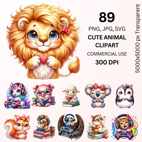 Cute Animal PNG Bundle, 89 Adorable Cartoon Animal Clipart, Gamer & Reading Animal, 5000x5000px Transparent PNG Sublimation Digital Download