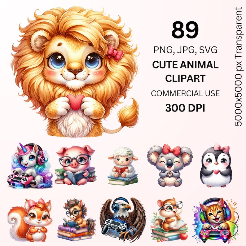 a collection of cute animal clip art, including a lion, unicorn, pig, sheep, koala, penguin, cat, eagle, and more.