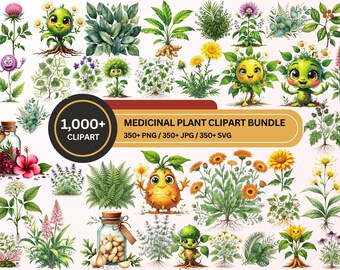 Medicinal Plant Clipart Bundle, 1000+ PNG JPG SVG Herbal Botanical Designs, Cute Plant Characters, Commercial Use Download