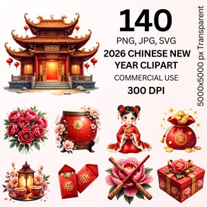 a collection of Chinese New Year-themed elements, including a traditional Chinese temple, a girl in traditional Chinese attire, various flowers, lanterns, and other decorative items.