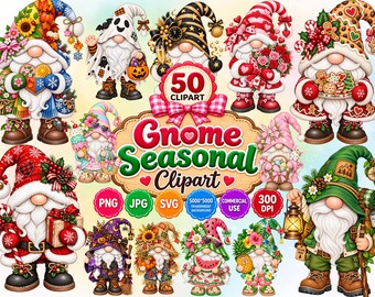 Gnome Seasonal Clipart Bundle, 50 PNG Holiday Gnomes, Christmas Halloween Valentine Summer Fall, Commercial Use Digital Download