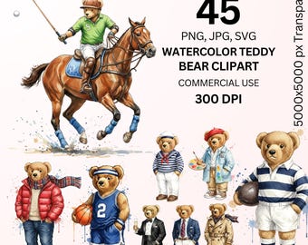 Watercolor Teddy Bear Clipart PNG Bundle, Luxury Fashion Bear Art, Classic Outfit Bear PNG, Sublimation Design
