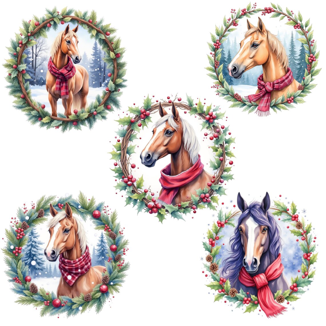 Christmas Horse Clipart Bundle, 40 PNG Watercolor Horse Wreaths, Winter ...
