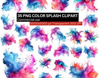 May include: A collection of 35 PNG color splash clip art images. The splashes feature vibrant hues of pink, blue, orange, and purple. The text on the image reads: "35 PNG COLOR SPLASH CLIPART Commercial use 5000x5000 px Transparent 300 DPI."