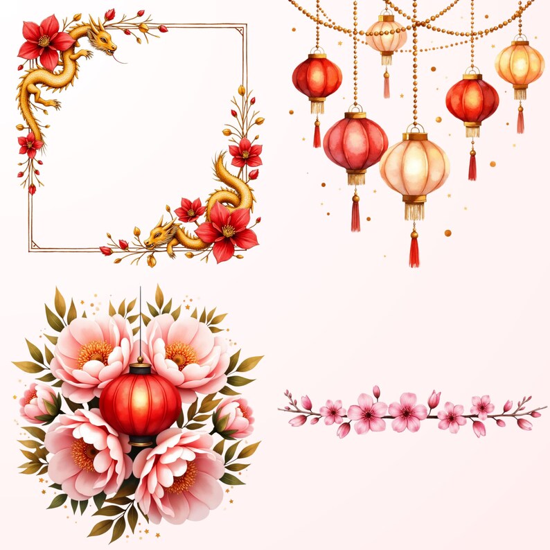 a variety of decorative elements, including floral arrangements, lanterns, and a frame. The floral arrangements feature pink flowers and green leaves, while the lanterns are red and gold in color. The frame is decorated with a dragon and red flowers. The overall composition creates a visually appealing and harmonious display of these decorative elements.