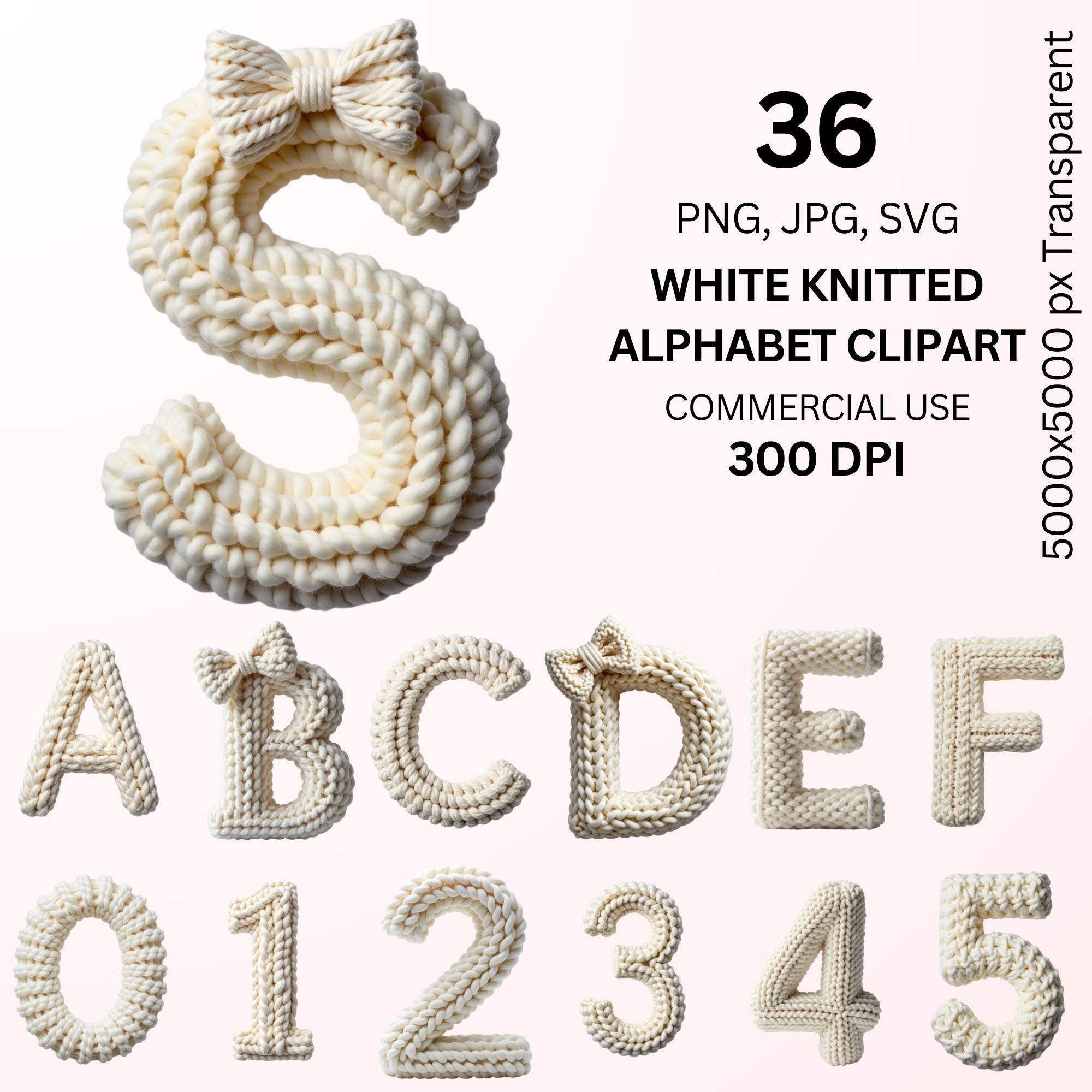 Knitted Alphabet Clipart PNG SVG, White Yarn Letters & Numbers, ABC 123 ...