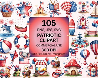 Patriotic Clipart Bundle, 4th of July Clipart PNG, USA Watercolor Graphics, American Flag SVG, Independence Day Clipart, Commercial Use