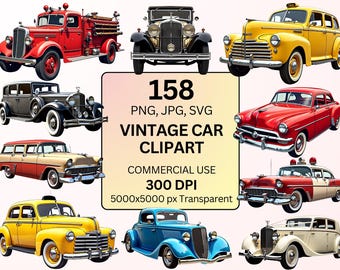 158 Vintage Car Clipart Bundle PNG, Classic Car Clipart, Retro Vehicle PNG, Antique Automobile Graphics, Old Car Clipart, Commercial Use