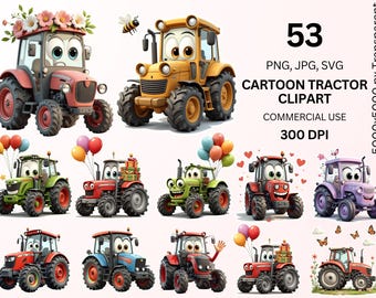 Cartoon Tractor Clipart Bundle PNG SVG JPG, Cute Farm Tractor Graphics, Kids Tractor png, Farming Vehicle Clipart