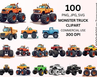 Monster Truck Clipart Bundle, Monster Truck PNG SVG JPG, Off-Road Truck Graphics, Big Tire Truck Clipart, Commercial Use, 100 Png Bundle