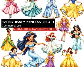 Disney Prinzessinnen Clipart Bundle, 12 PNG Märchenprinzessinnen, transparenter Hintergrund 300DPI für Sublimation & Kunsthandwerk