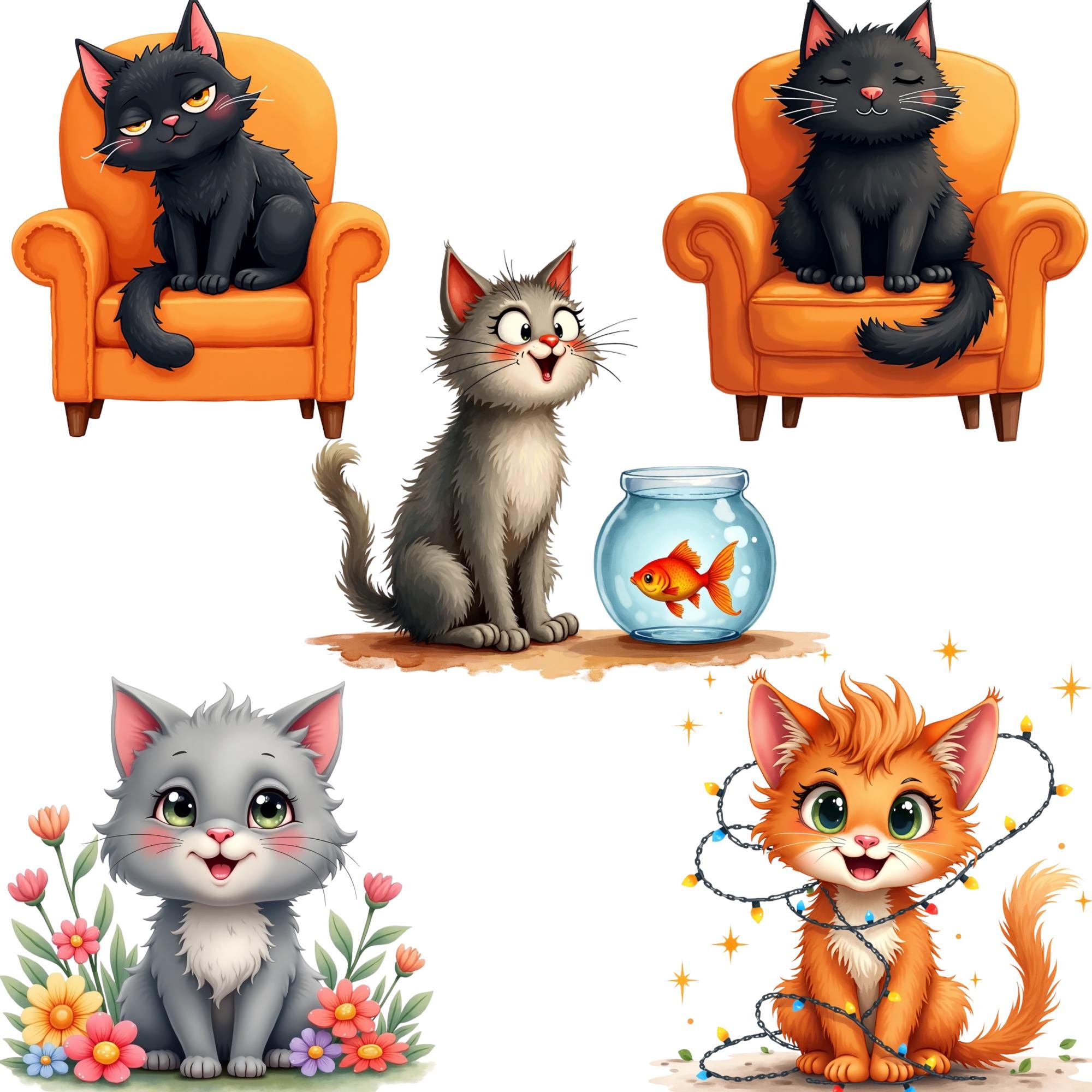 Quirky Cats Clipart Bundle PNG SVG JPG, Cute Cat Illustrations,kawaii ...