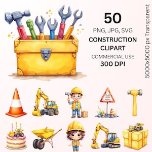 May include: Watercolor illustration of construction-themed clipart. Includes a yellow toolbox with tools, a traffic cone, an excavator, a road sign, a cake, a wheelbarrow, and a gift box. Text reads "50 Construction Clipart".