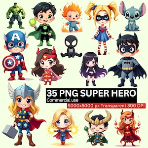 Cartoon Superhero Clipart, Kawaii Hero PNG Bundle, Commercial Use, Transparent Background, High Resolution Sublimation Graphics