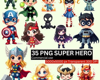 Cartoon Superhero Clipart, Kawaii Hero PNG Bundle, Commercial Use, Transparent Background, High Resolution Sublimation Graphics