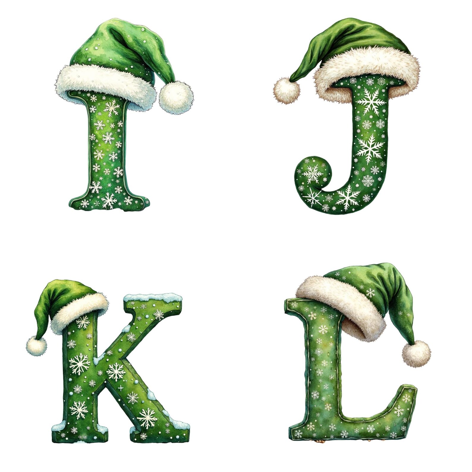 36 PNG Green Christmas Alphabet Clipart, Santa Hat Letters & Numbers ...