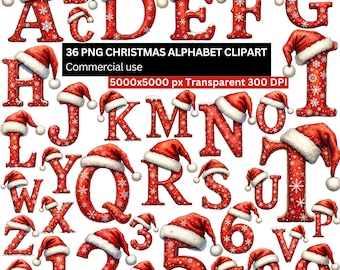 May include: A collection of red Christmas alphabet letters and numbers, each adorned with a Santa hat and snowflake details. The image includes the text "36 PNG CHRISTMAS ALPHABET CLIPART" and "Commercial use".