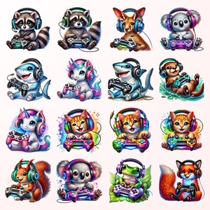 a collection of 16 cartoon animal characters, each wearing headphones and holding game controllers, engaging in various activities such as playing video games.