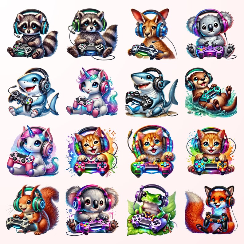 a collection of 16 cartoon animal characters, each wearing headphones and holding game controllers, engaging in various activities such as playing video games.