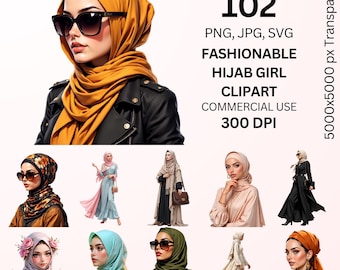 Fashionable Hijab Girl Clipart Bundle, Muslim Woman PNG SVG & JPGs, Modest Fashion Illustration, Hijabi Girl Art, Islamic Female Clipart