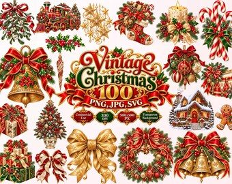 Vintage Christmas Clipart Bundle, 100 Watercolor Holiday PNG SVG, Cottage Wreath Ornament Designs, Instant Download Commercial Use