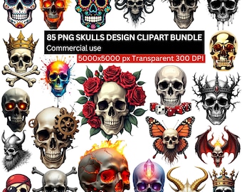 Skulls PNG Clipart Bundle, 85 Skull Designs, Gothic PNG, Tattoo Skull Art, Biker Sublimation Bundle, Dark Art Digital Download