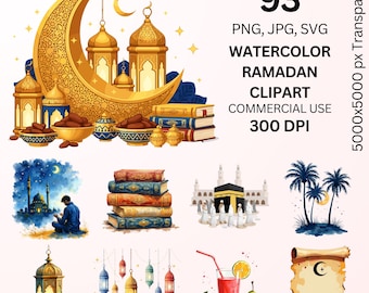 Watercolor Ramadan Clipart Bundle, Islamic Ramadan PNG SVG, Moon Lantern Mosque Clipart, Eid Mubarak Graphics, Commercial Use