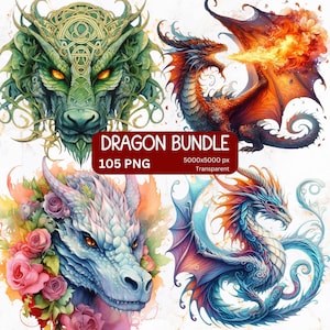 105 Dragon Clipart PNG Bundle, Fantasy Dragon Illustrations, Mythical Dragon Sublimation, Watercolor Dragon Graphics for Crafts