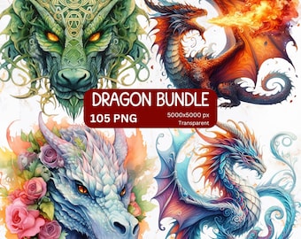 105 Dragon Clipart PNG Bundle, Fantasy Dragon Illustrations, Mythical Dragon Sublimation, Watercolor Dragon Graphics for Crafts