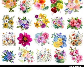 Watercolor Wildflowers PNG, 115 Floral Clipart Bundle, Botanical Flowers PNG Transparent, Wedding Stationery, Scrapbook & Wall Art Designs