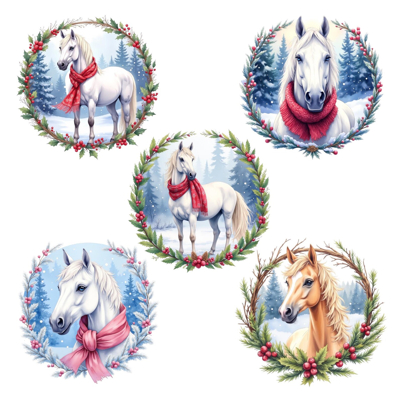 Christmas Horse Clipart Bundle, 40 PNG Watercolor Horse Wreaths, Winter ...