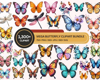 Butterfly Clipart Bundle, 1300 Watercolor Butterfly PNG, Monarch Floral Butterfly, Butterfly Sublimation, Spring PNG, Commercial Use SVG