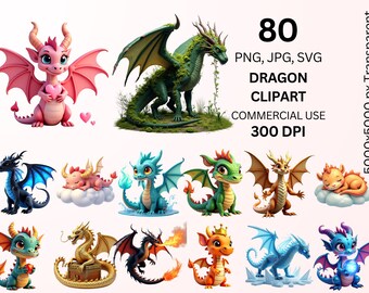 Dragon Clipart Bundle, Cute Dragon PNG SVG JPG, Fantasy Dragon Clipart, Baby Dragon Graphics, Magical Creature, Commercial Use