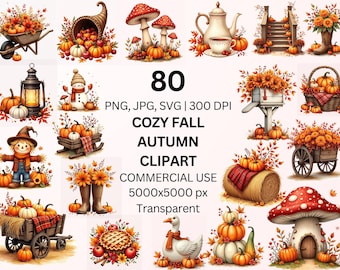 Cozy Fall Autumn Clipart Bundle, 80 PNG JPG SVG Pumpkin Harvest Designs, Farmhouse Fall Clipart, Commercial Use Download