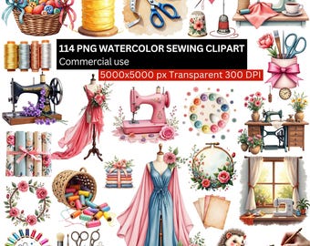 Sewing Clipart Bundle, 114 PNG Watercolor Illustrations, Vintage Sewing Art, Transparent 300 DPI, Instant Download, Craft Design