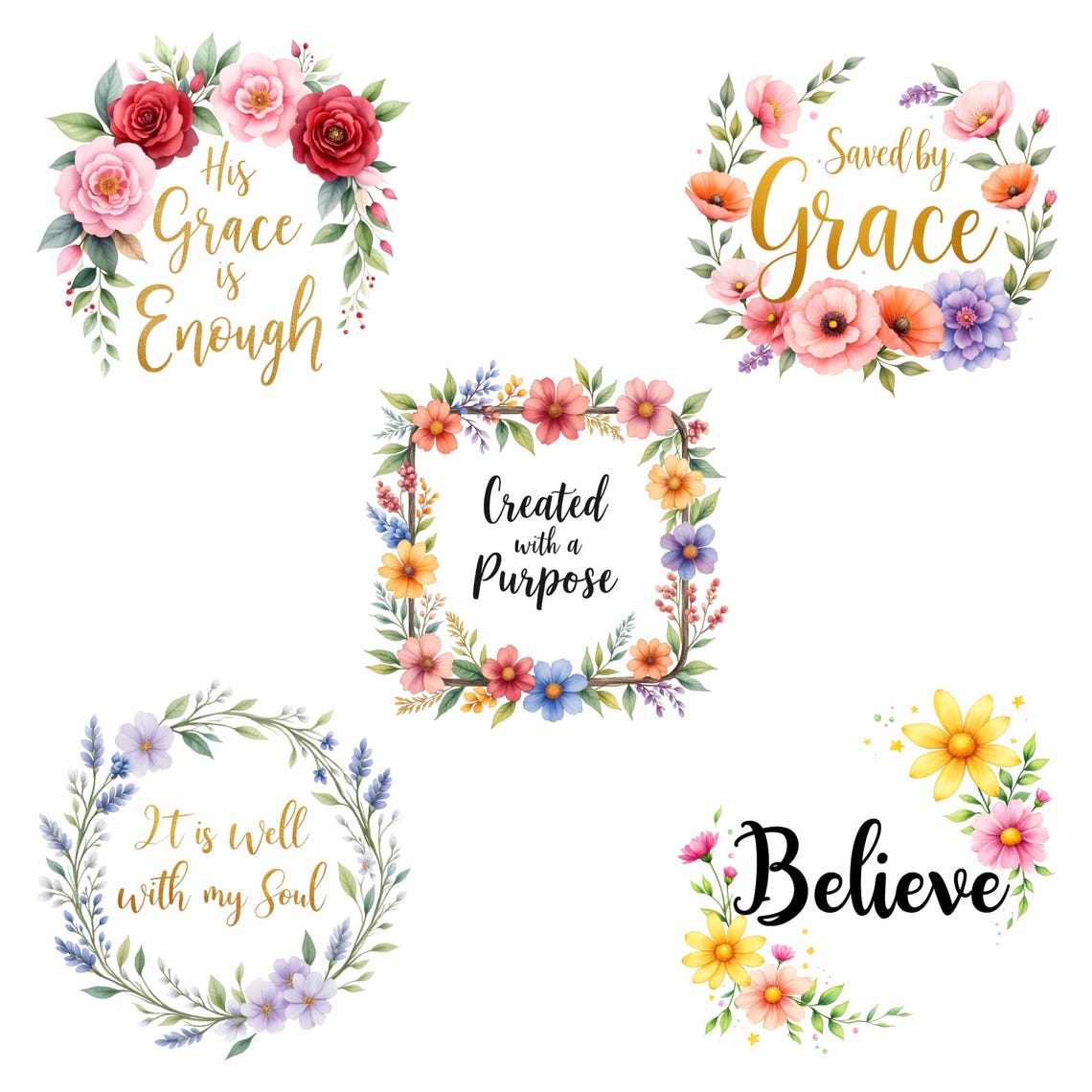 Christian Faith Quote Clipart, Bible Verse PNG Bundle, Floral Scripture ...