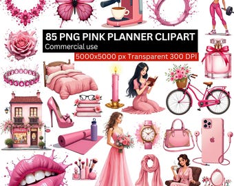 85 PNG Pink Planner Clipart, Aesthetic Pink Bundle, Fashion Makeup Flowers Jewelry, 5000x5000 px, Transparent Digital Download