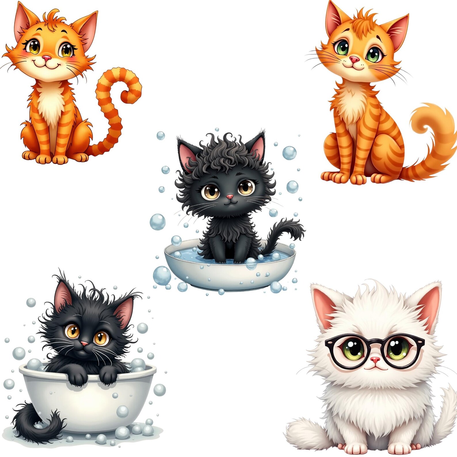 Quirky Cats Clipart Bundle PNG SVG JPG, Cute Cat Illustrations,kawaii ...