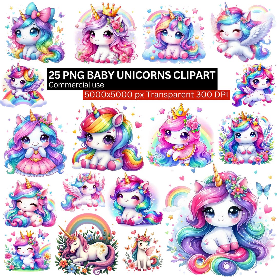 25 Baby Unicorn PNG Files, Cute Unicorn Clipart Set, Fantasy Magical ...